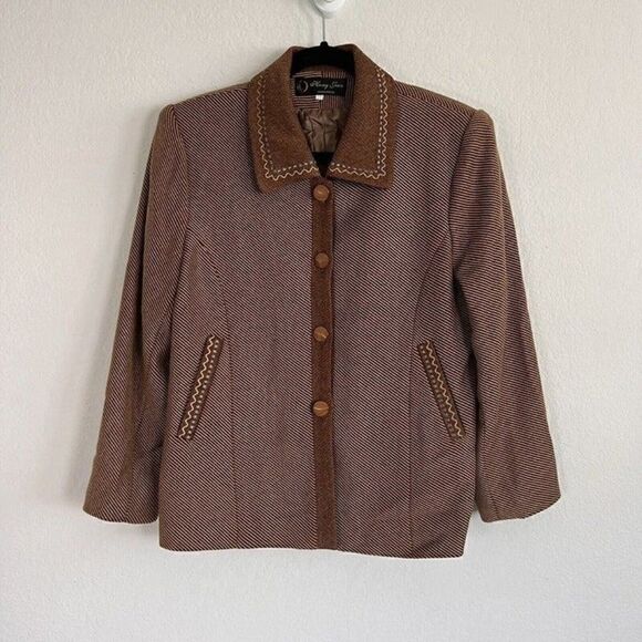 Vintage 70s Womens Brown Blazer Textured Striped Twee Jacket Dark Academia Small